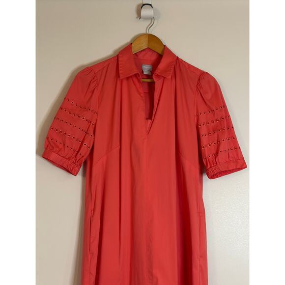 Chico's Women's 8 Split Neck Puff Eyelet Trim Sleeve Orange Cotton Midi Dress - Picture 3 of 12